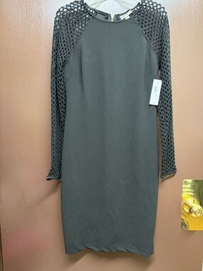 Premier Black Long-Sleeve Sheath Dress with Openwork Mesh Sleeves